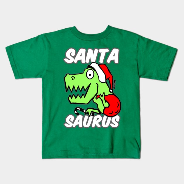 Santa Saurus Christmas Themed Dinosaur Santa Claus Mashup Design Kids T-Shirt by sketchnkustom